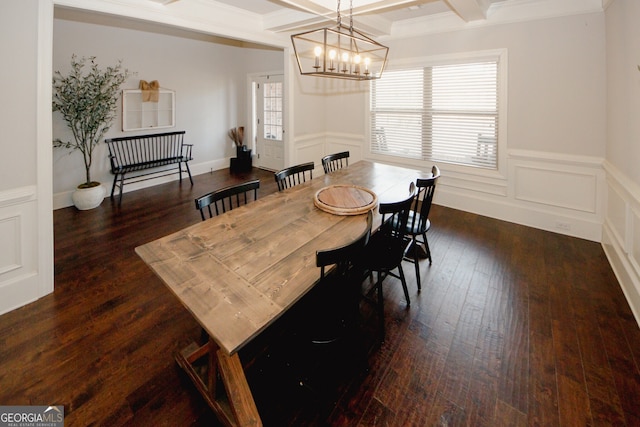 dining room featuring coffered ceiling, crown molding, beamed ceiling, dark hardwood / wood-style flooring, and a chandelier