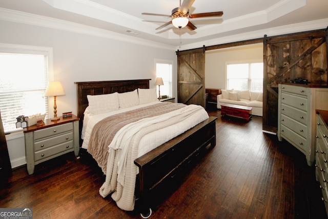 bedroom featuring a barn door, ornamental molding, and a tray ceiling