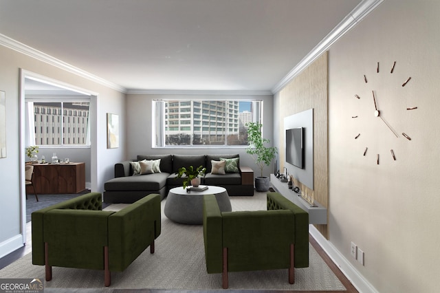 living room featuring ornamental molding and hardwood / wood-style flooring