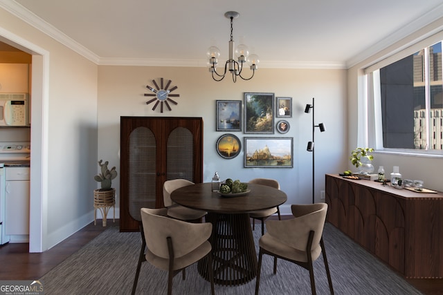 dining area with dark hardwood / wood-style flooring, ornamental molding, and a notable chandelier