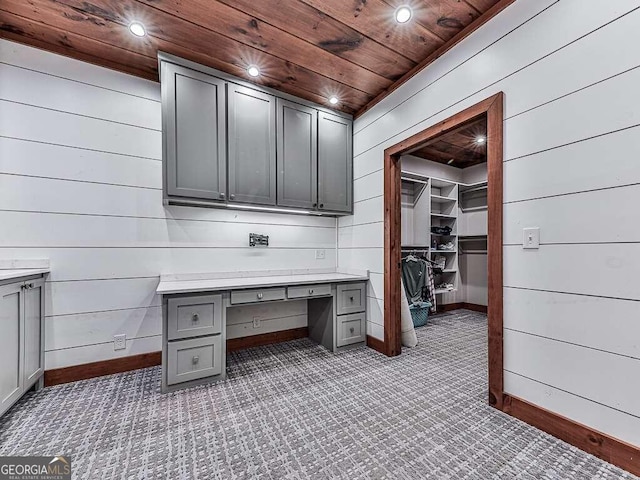 42 Lone Pine Dr, Morganton, GA 30560 - unfurnished office featuring wooden ceiling, baseboards, built in study area, carpet floors, and wood walls
