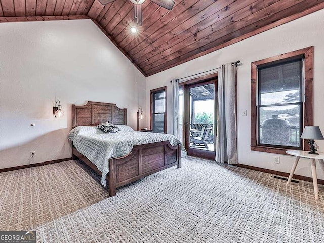 carpeted bedroom with lofted ceiling, wooden ceiling, ceiling fan, and access to exterior