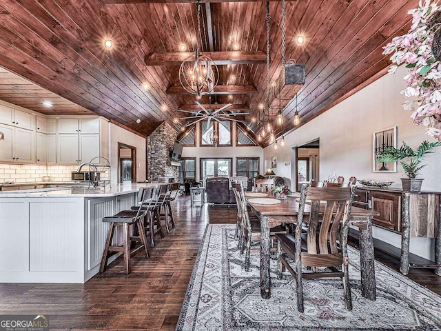 dining area with wood ceiling, an inviting chandelier, high vaulted ceiling, dark hardwood / wood-style floors, and beam ceiling