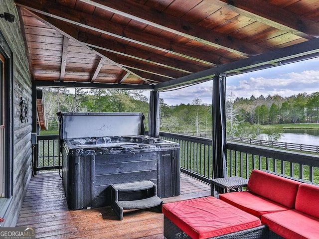 42 Lone Pine Dr, Morganton, GA 30560 - wooden terrace with a hot tub, a water view, and an outdoor living space