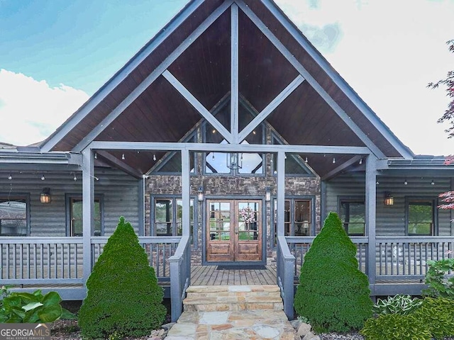 42 Lone Pine Dr, Morganton, GA 30560 - view of exterior entry featuring covered porch, stone siding, and french doors