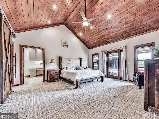 carpeted bedroom with ceiling fan, wood ceiling, access to exterior, and high vaulted ceiling