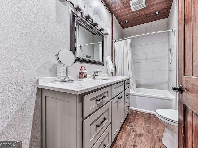 42 Lone Pine Dr, Morganton, GA 30560 - full bath featuring a textured wall, toilet, double vanity, wood finished floors, and wooden ceiling