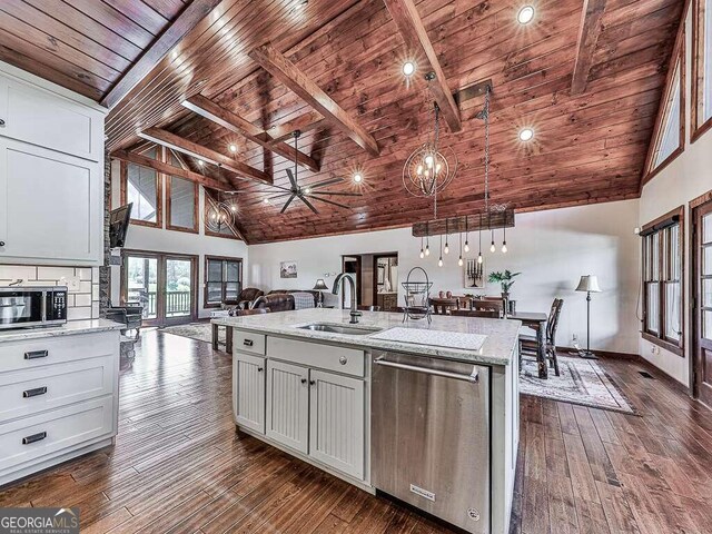 42 Lone Pine Dr, Morganton, GA 30560 - kitchen with stainless steel dishwasher, wooden ceiling with exposed beams, open floor plan, a sink, and high vaulted ceiling