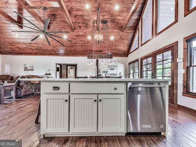 kitchen featuring dishwasher, dark hardwood / wood-style flooring, hanging light fixtures, and wood ceiling