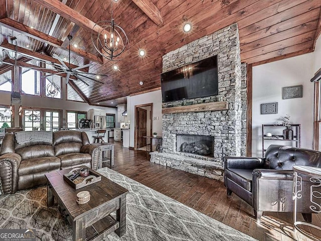 42 Lone Pine Dr, Morganton, GA 30560 - living room with wood ceiling with exposed beams, wood-type flooring, high vaulted ceiling, a fireplace, and a chandelier