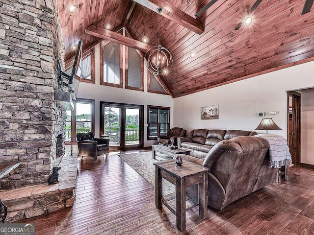 42 Lone Pine Dr, Morganton, GA 30560 - living area featuring wood ceiling with exposed beams, high vaulted ceiling, dark wood-type flooring, and a chandelier