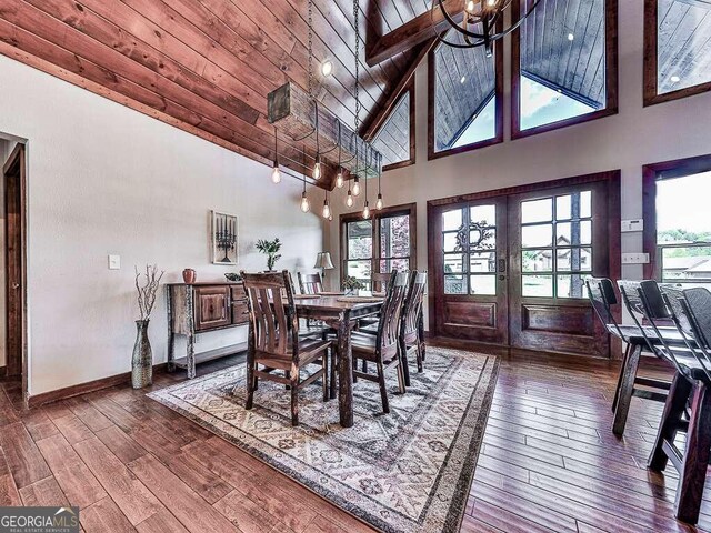 42 Lone Pine Dr, Morganton, GA 30560 - dining space with wood ceiling with exposed beams, high vaulted ceiling, wood finished floors, baseboards, and a chandelier