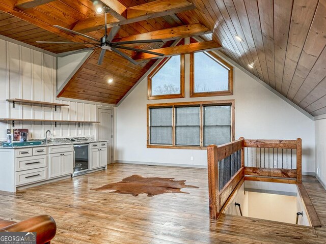 42 Lone Pine Dr, Morganton, GA 30560 - unfurnished living room featuring wooden ceiling, wine cooler, a ceiling fan, light wood-style floors, and baseboards