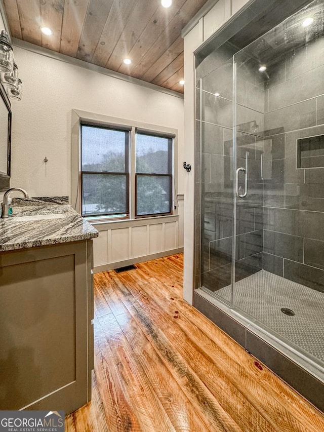 42 Lone Pine Dr, Morganton, GA 30560 - full bathroom featuring vanity, wood finished floors, a stall shower, and recessed lighting