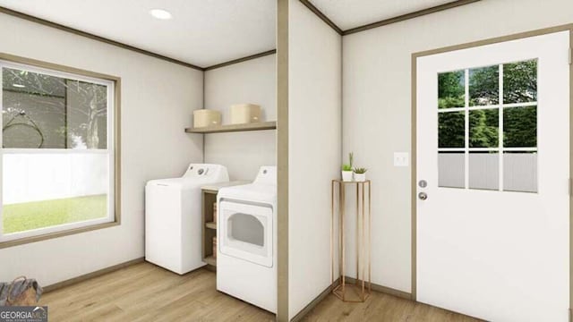 laundry room featuring washing machine and clothes dryer, light hardwood / wood-style flooring, and ornamental molding