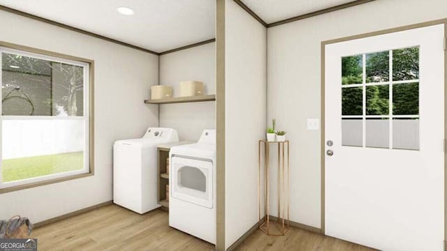 651 Boulevard St, Folkston, GA 31537 - laundry area with separate washer and dryer, crown molding, light wood finished floors, and baseboards