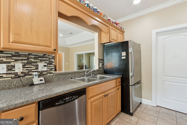 kitchen with tasteful backsplash, ornamental molding, stainless steel appliances, light tile patterned floors, and sink