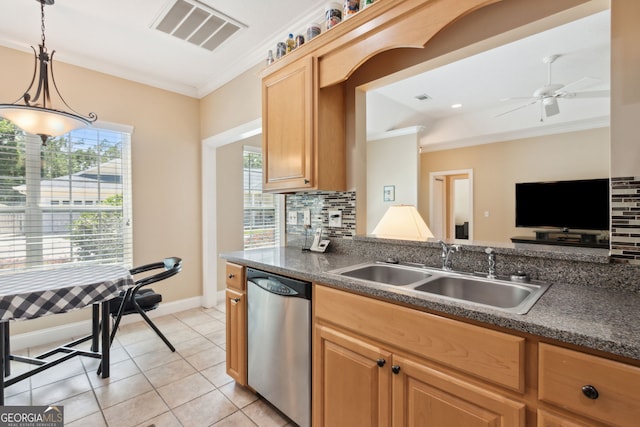 kitchen featuring plenty of natural light, stainless steel dishwasher, sink, and backsplash