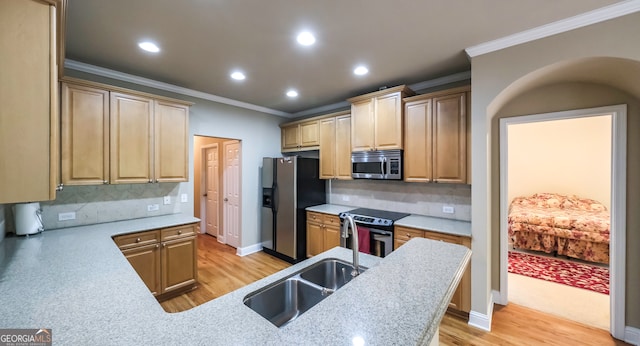 kitchen featuring light brown cabinets, stainless steel appliances, and light hardwood / wood-style floors