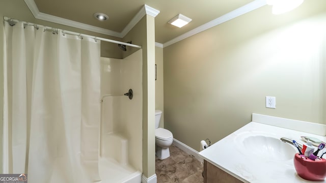 bathroom featuring walk in shower, tile patterned floors, toilet, vanity, and ornamental molding