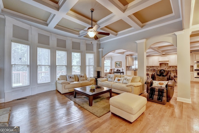 living room featuring decorative columns, coffered ceiling, ceiling fan, and light hardwood / wood-style flooring