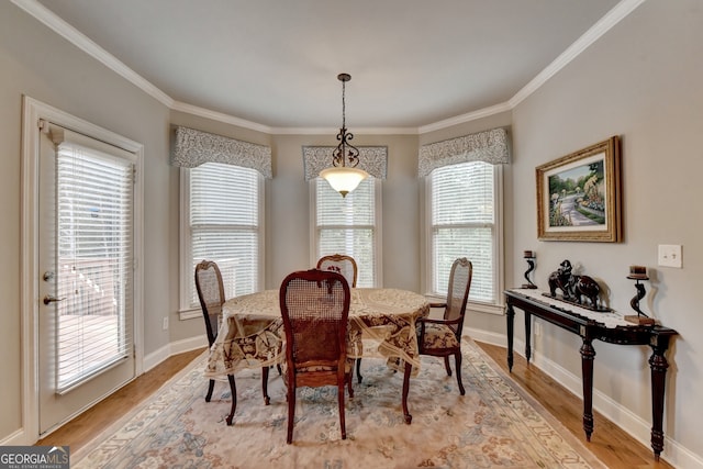 dining room featuring a healthy amount of sunlight, light wood-type flooring, and ornamental molding