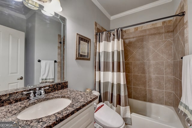 full bathroom with vanity, toilet, shower / bath combination with curtain, and crown molding