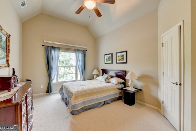 carpeted bedroom featuring ceiling fan and lofted ceiling