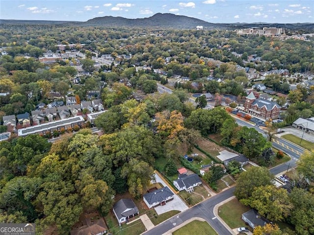 drone / aerial view featuring a mountain view