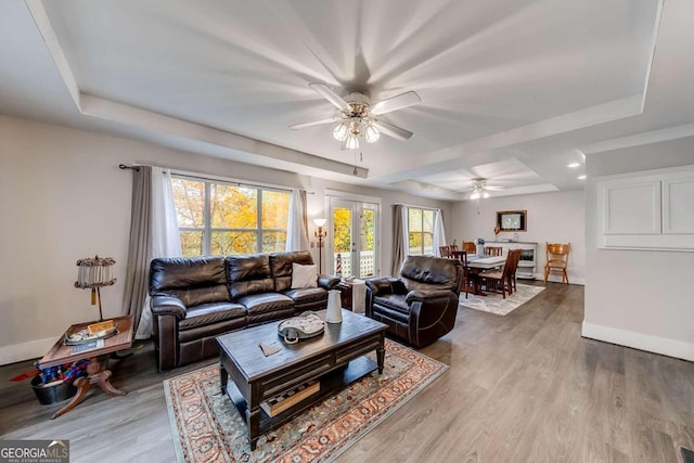 living room with a tray ceiling, ceiling fan, and hardwood / wood-style flooring