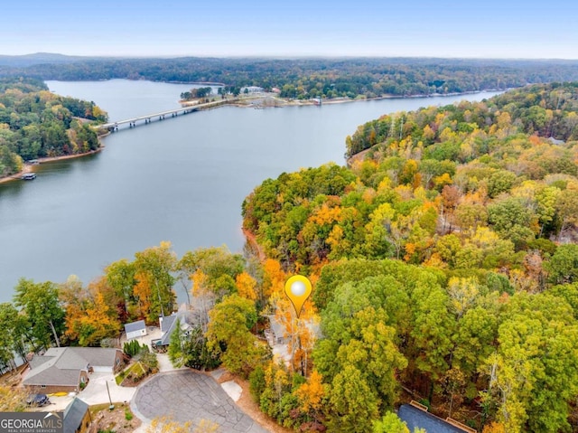 aerial view featuring a water view