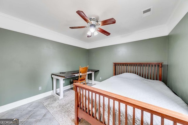 bedroom featuring ceiling fan and ornamental molding