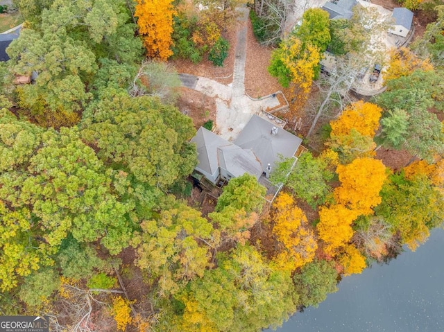 drone / aerial view featuring a water view