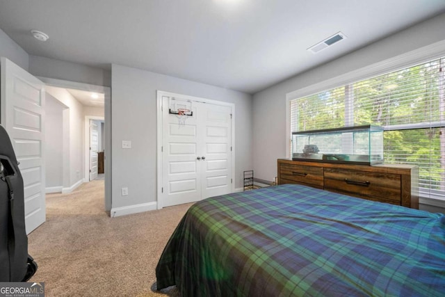 bedroom with a closet, multiple windows, and light colored carpet