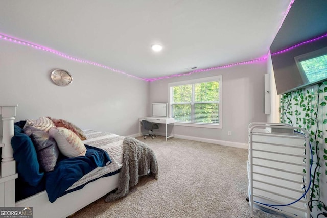 bedroom with electric panel and carpet