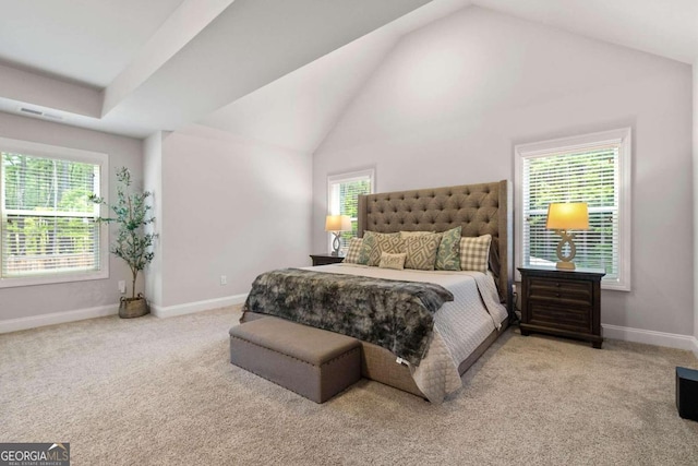 carpeted bedroom featuring high vaulted ceiling and multiple windows