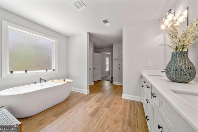 bathroom with vanity, wood-type flooring, and a washtub