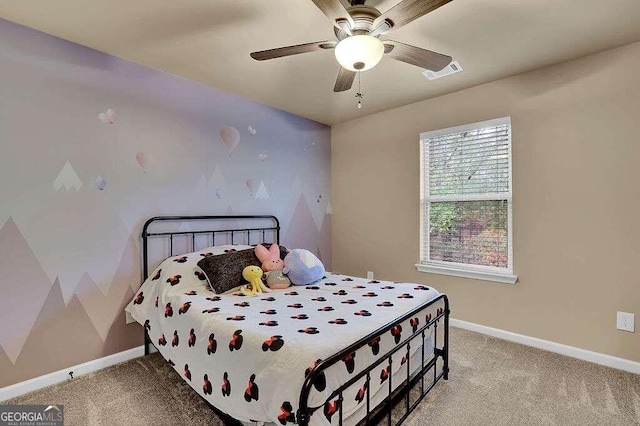 bedroom with visible vents, ceiling fan, light carpet, and baseboards