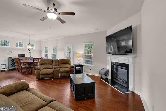 living room featuring dark hardwood / wood-style flooring, crown molding, a premium fireplace, and ceiling fan with notable chandelier