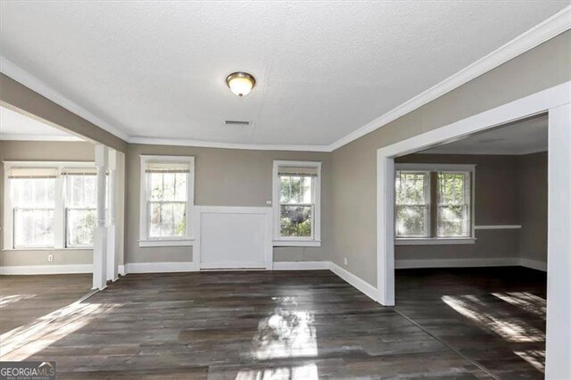 interior space with a wealth of natural light, dark hardwood / wood-style flooring, a textured ceiling, and crown molding