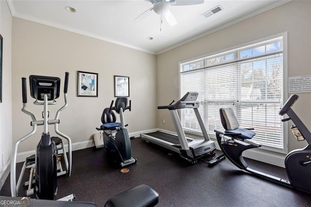 exercise room with ceiling fan and ornamental molding