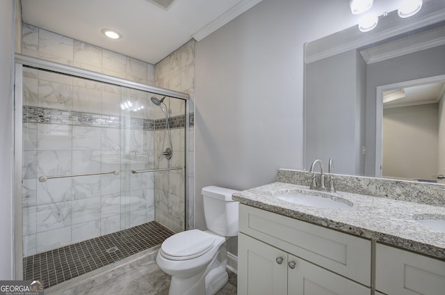 bathroom featuring vanity, toilet, walk in shower, and crown molding