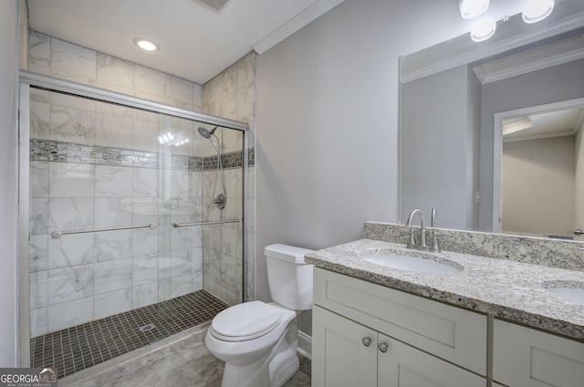 1204 Westridge Rd SW, Atlanta, GA 30311 - full bathroom with crown molding, toilet, a shower stall, double vanity, and baseboards