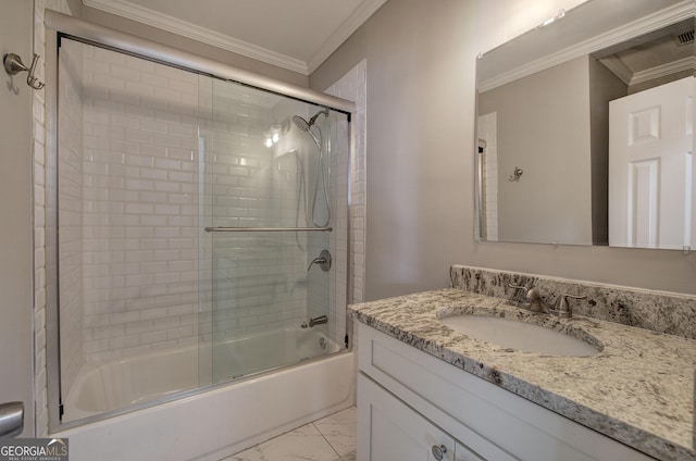 bathroom featuring shower / bath combination with glass door, vanity, and crown molding