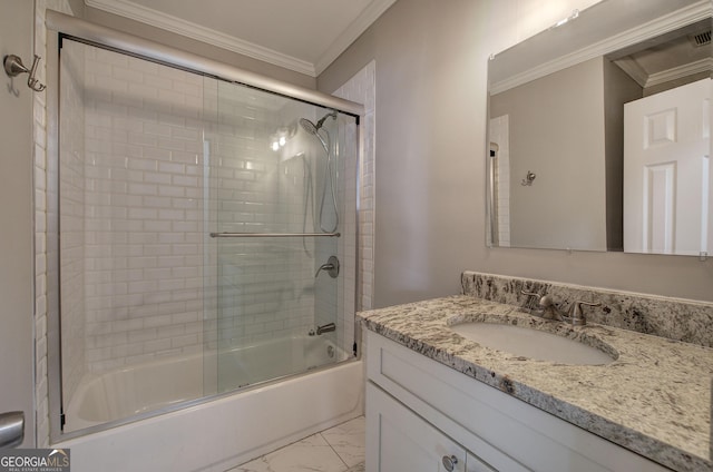 1204 Westridge Rd SW, Atlanta, GA 30311 - bathroom featuring ornamental molding, marble look tile flooring, combined bath / shower with glass door, and vanity