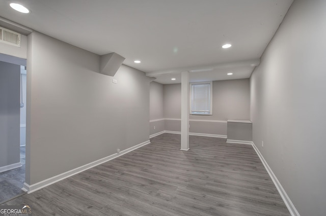 basement with light wood-type flooring