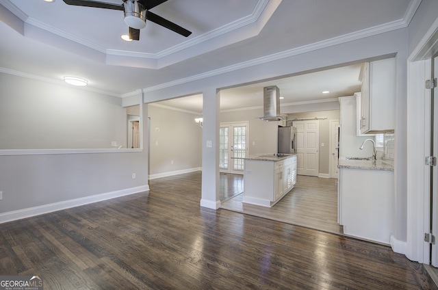 kitchen featuring white cabinets, a tray ceiling, island range hood, and sink