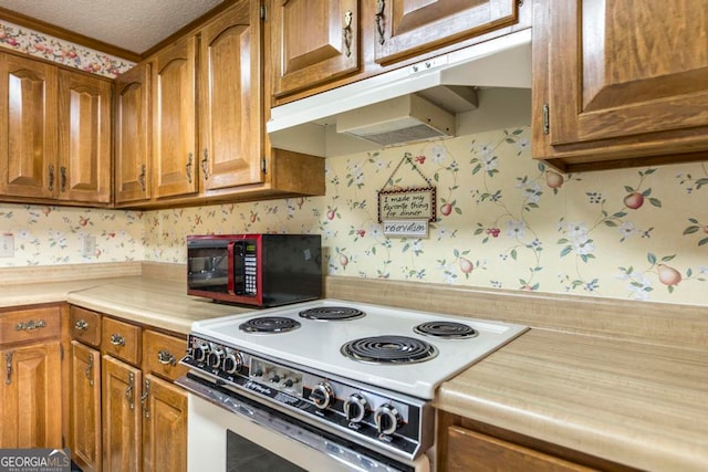 kitchen featuring white electric range and a textured ceiling