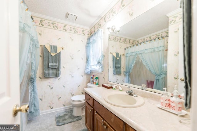 bathroom featuring toilet, a shower with curtain, vanity, and crown molding