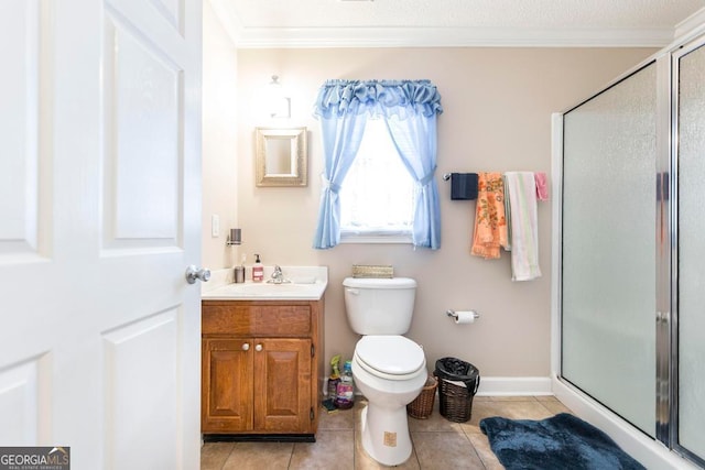 bathroom with walk in shower, tile patterned flooring, toilet, and crown molding